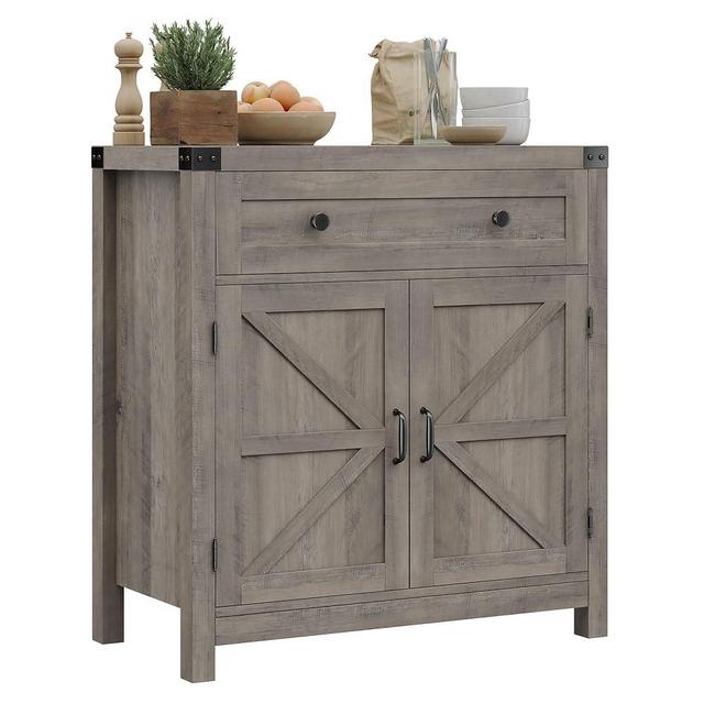 HOSTACK Coffee Bar Cabinet, Modern Farmhouse Buffet Sideboard with Drawer and Adjustable Shelf, Barn Door Storage Cabinet for Kitchen, Dining Room, Bathroom, Entryway, Ash Grey