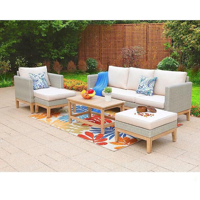 Sophia & William Outdoor Patio Furniture Sets, 5-Piece All-Weather Patio Conversation Set, High Back Wicker Rattan Setional Sofa with Large Single Sofa Chairs, Ottomans & Wooden Coffee Table (Beige)