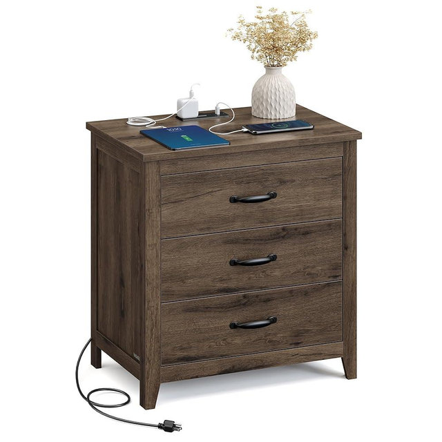 VASAGLE LIRY Collection - Farmhouse Nightstand with Charging Station, Bedside Table, Side End Table with 3 Drawers, for Bedroom, Taupe Brown ULET679T01