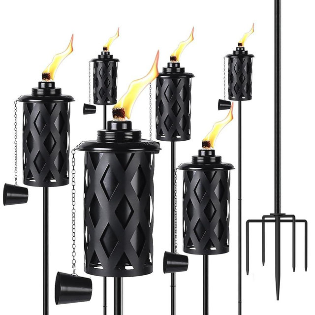 ZSPENG Upgraded 60 Inch Citronella Torches for Outside Set of 6, 16 Oz Outdoor Garden Torches with 5-Prong Grounded Stake, Metal Torch for Garden Décor, Outside Torches for Backyard, Garden, Patio