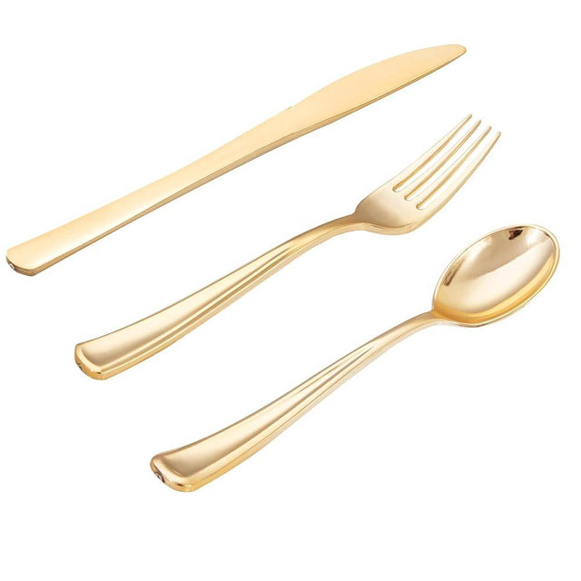 WDF 500PCS Gold Plastic Silverware Set Disposable - Gold Cutlery Set Plastic Gold Utensils Set - 250 Gold Forks, 125 Gold Spoons, 125 Gold Knives for Party, Birthday, Wedding