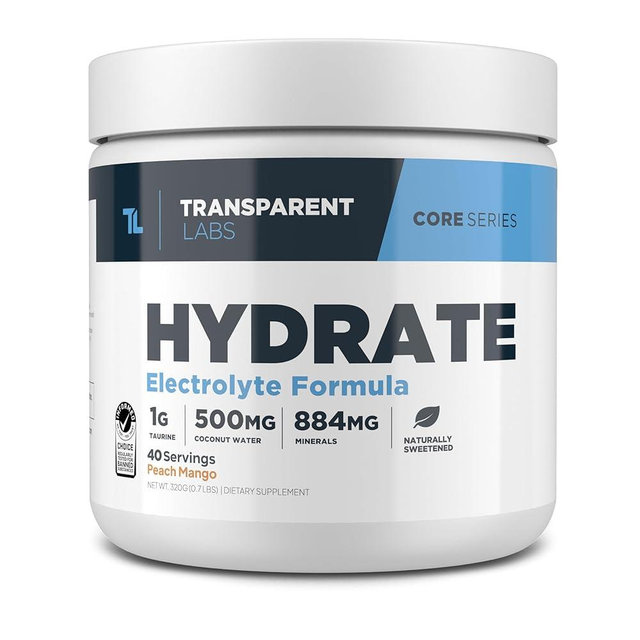 Transparent Labs Hydrate Naturally Sweetened Electrolytes Powder - Hydration Powder Electrolytes with Coconut Water, Calcium, Taurine, & Potassium - 40 Servings, Peach Mango