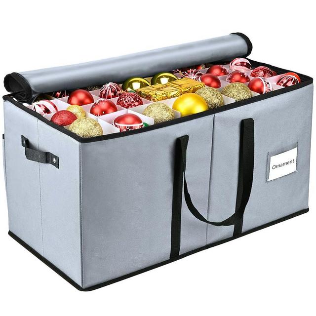 Christmas Ornament Storage Box, Mrrihand Xmas Decoration Organizer with Adjustable Dividers - Storage Container Keeps 128 Holiday Ornaments 3-Inch, Dual Zipper Closure, 600D Tear-Proof Material (Gray)