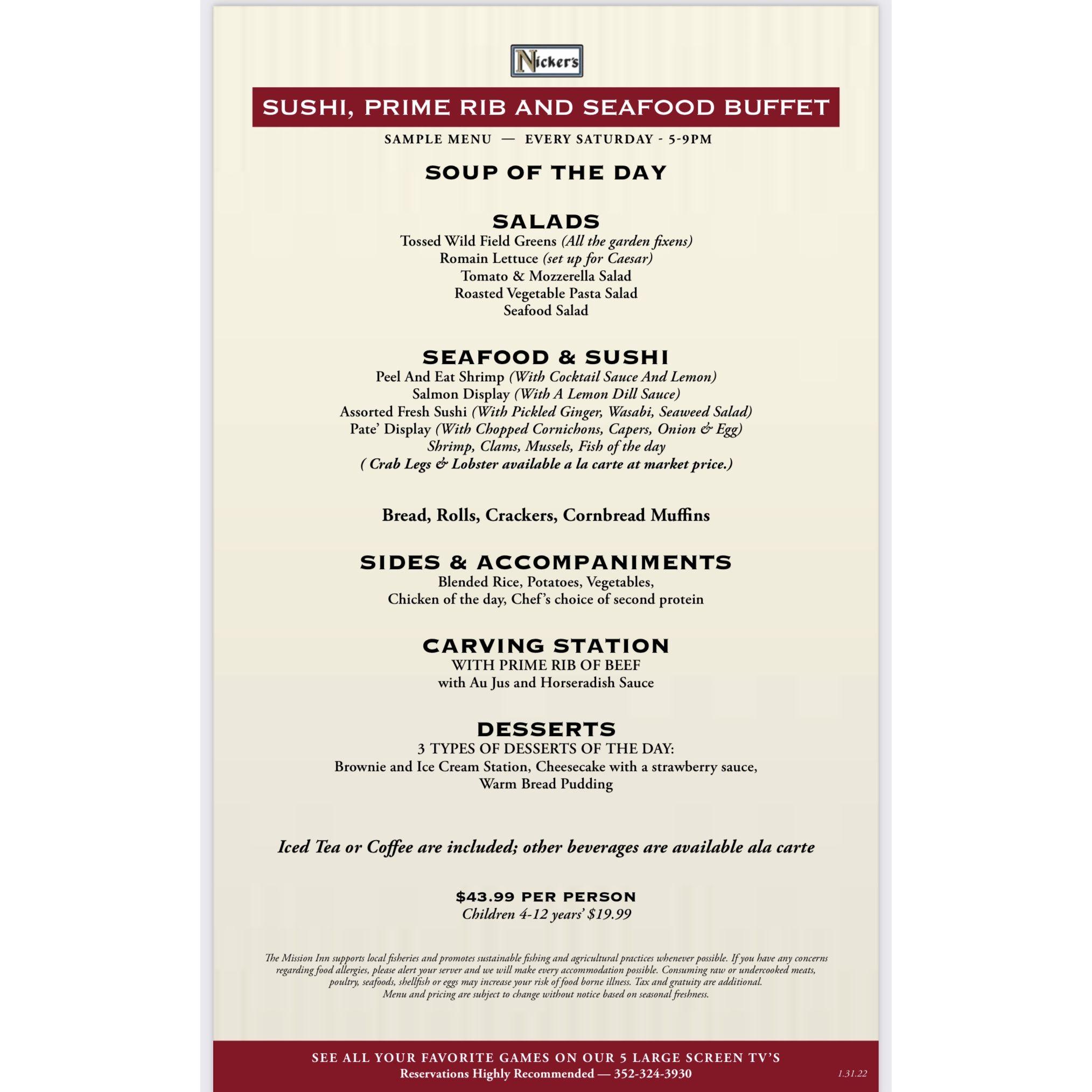 Saturday Night Sushi, Seafood and Prime Rib SAMPLE menu