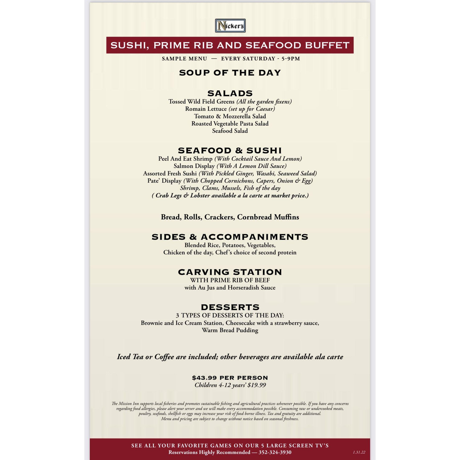 Saturday Night Sushi, Seafood and Prime Rib SAMPLE menu