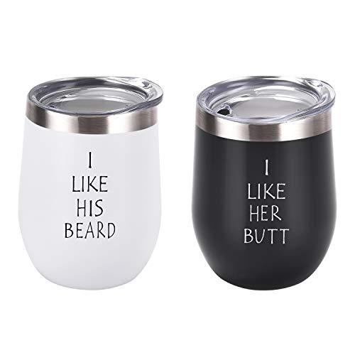 I Like His Beard, I Like Her Couples Wine Tumbler Set, Funny Wedding Engagement Gifts for Husband Wife Bride Groom His and Her Anniversary, 12 Oz Stainless Steel Wine Tumbler, Black and White