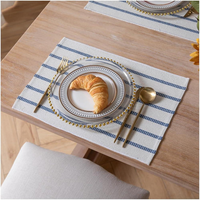 Caflife Boho Farmhouse Placemats Set of 6, Blue Stripes Cotton Linen Woven Table Mats for Modern Dining Table, 13x19 Inch Rustic Kitchen Decor Place Mats