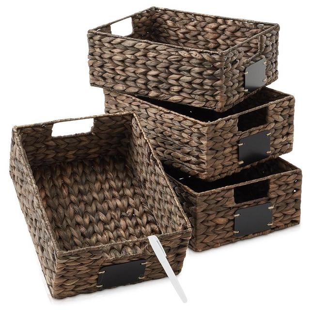 Casafield Set of 4 Water Hyacinth Pantry Baskets, 10" x 13" x 5", with Chalkboard Labels and Chalk Marker - Espresso, Woven Storage Bin Organizers for Kitchen Shelves