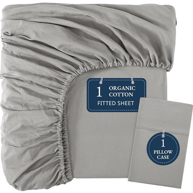 LANE LINEN 100% Organic Cotton Twin Fitted Sheets, 2-Piece Set (1 Fitted Sheet, 1 Pillowcase), Percale Weave, Lightweight, Ultra Soft, Breathable, Fits Mattress Upto 15" Deep - Silver (No Flat Sheet)