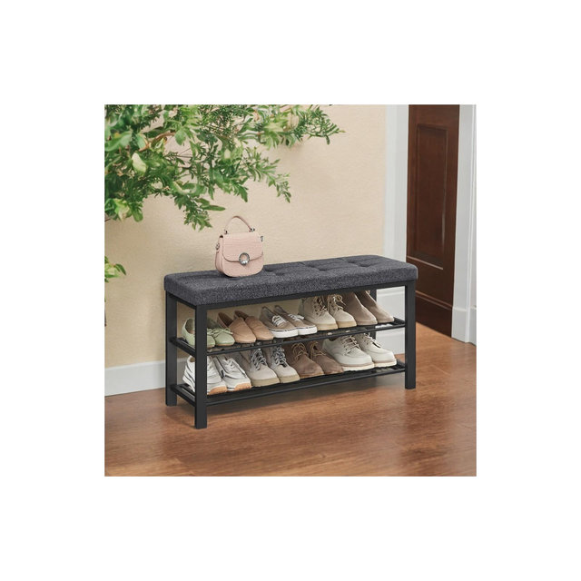 Shoe Bench, Storage Bench, Entryway Bench with Cushion, Shoe Shelf with Seat, Storage Organizer with Foam Padded Seat Linen Metal Frame