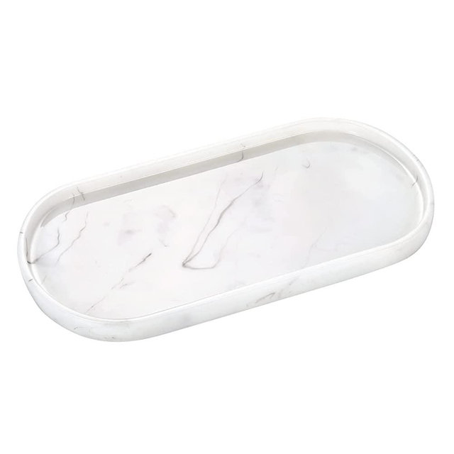 Emibele Bathroom Tray, Resin Oval Vanity Tray Countertop Organizer Toilet Tank Kitchen Tray Decorative Jewelry Storage Tray for Perfume Candles Soap Towel Small Plant Home Decor, M, Marble White
