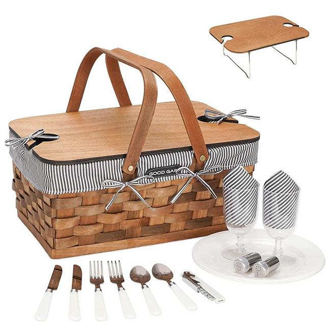 Woodchip Picnic Basket for 2 with Portable Wine Table, Woven Basket with Double Swing Handles & Removable Cutlery Service Kit, Large Basket for Picnic, Camping, Family, Wedding Gifts for Couple,Grey