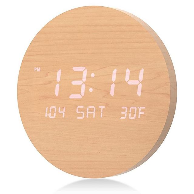 TOSTOG Wall Clock, Digital Wall Clock Silent Kitchen Clock Non Ticking Wall Clock,10 Inch LED Wall Clocks with Display of Time/Date/and Temperature,Wooden Clock Decor for Living Room and Office
