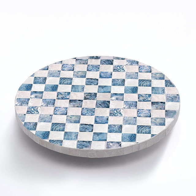CHI AN HOME 12" Checkered Lazy Susan for Tabletop, Handcrafted Mother of Pearl Turntable Organizer for Kitchen Counter, Coffee Table, Bathroom, Dining or Organizing (Navy Blue)