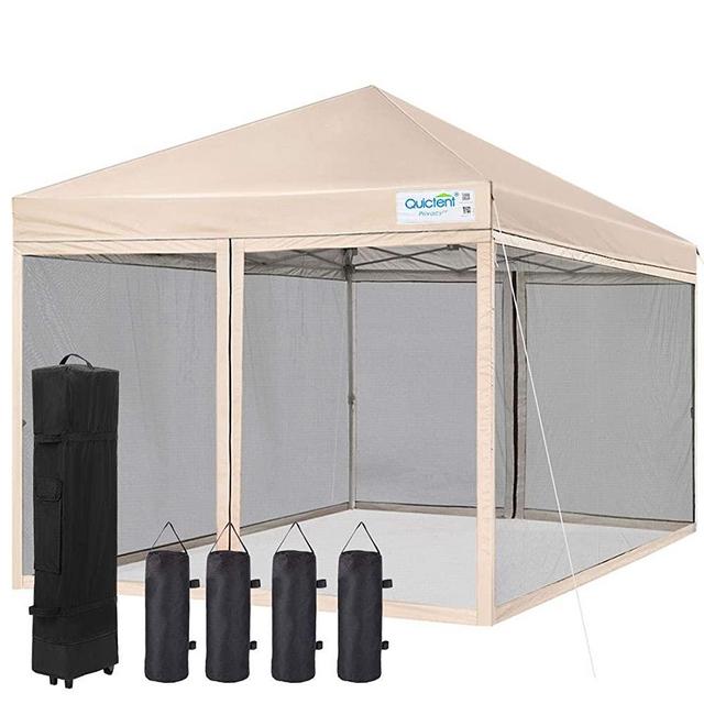 Quictent 8x8 Ez Pop up Canopy with Netting Instant Screen House Gazebo Mesh Side Wall, Roller Bag & 4 Sand Bags Included (Tan)
