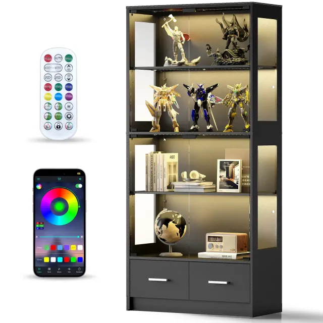 Skyzoo 5-Tier Glass Display Cabinet with LED Lights & Adjustable Shelves & 2 Drawers, Curio Cabinet for Home & Office, Black