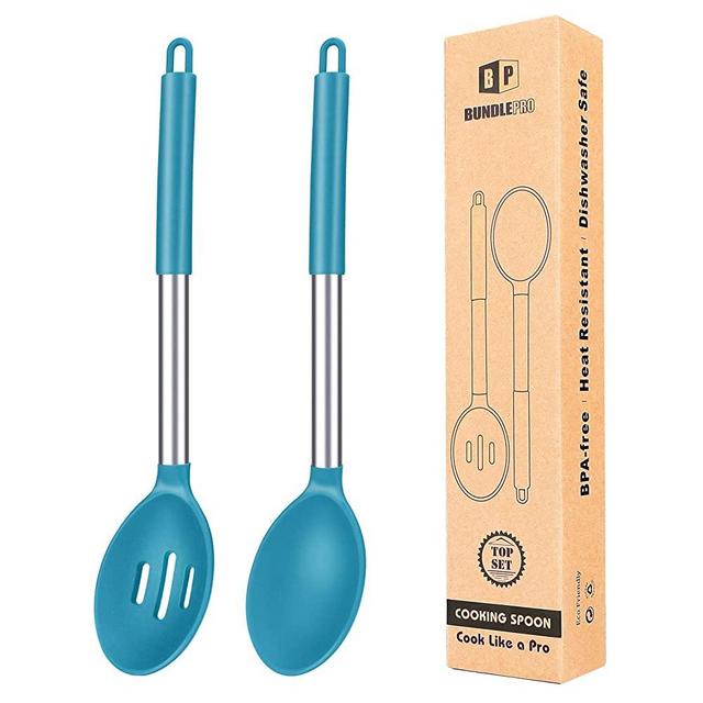Pack of 2 Large Silicone Cooking Spoon,Non Stick Solid Basting Spoon,Heat-Resistant Kitchen Utensils for Mixing,Serving,Draining (Blue)