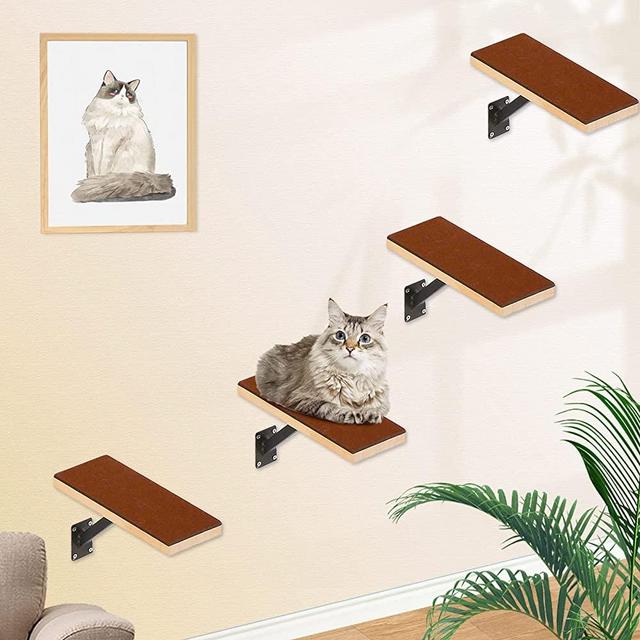 Calmbee Cat Wall Shelves, Cat Wall Furniture, 4 Packs Cat Wall Steps Wall Mount Cat Perch Wooden Cat Bridge Cat Tree Cat Climber Cat Cloud Board Cats Bed