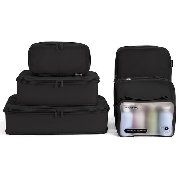 6 Set Compression Packing Cubes for 7–14 Day Travel, Durable Nylon Oxford Luggage Organizers with IP6X Waterproof Toiletry Bag, Expandable Suitcase Packing System (Jet Black)