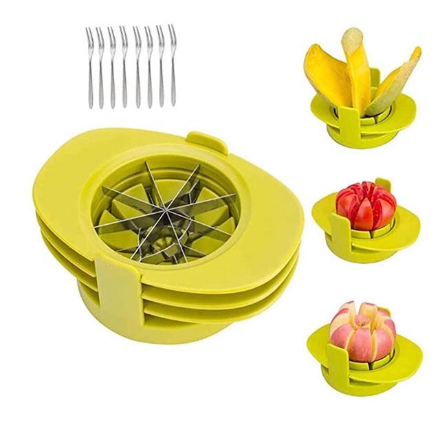 Apple Corer and Slicer, GIPTIME 4-in-1 Mango Slicer Tomato Cutter with Common Base, Kitchen Fruit Corer Slicer Cutter with 8 Fruit Forks for Apple, Mango, Orange