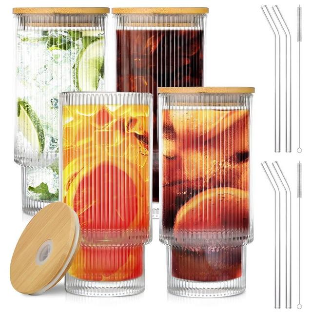 AFINSEA 16OZ Glass Cups with Lids and Straws Vintage Glassware for Whiskey Cocktail Beer Fruit Juice Iced Coffee Cups with Lid Glass Tumbler with Straw and Lid (4 Pack)
