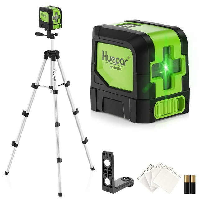 Huepar Laser Level with Tripod,100Ft Self Leveling Green Cross Line Laser for Picture Hanging, Tile, Decoration & DIY Construction – AA Battery&Picture Hanging Strips, Indoor Use