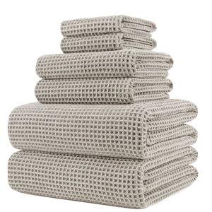 POLYTE 430 GSM Microfiber Quick Dry Lint Free Oversize Bath Towel Set, 6 Piece (Waffle Weave)