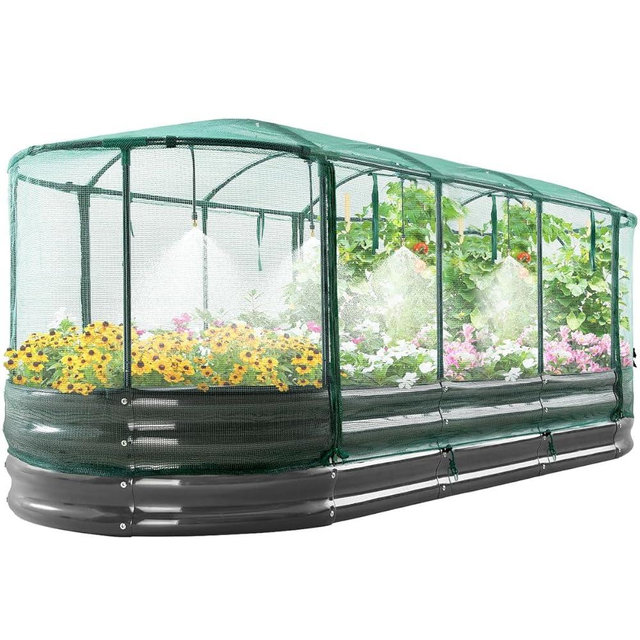 Quictent Galvanized Raised Garden Bed Kit with Self Watering System and Mesh Cover, Large Oval Metal Outdoor Planter Garden Boxes for Vegetables Herbs Flowers, 8x3x1Ft