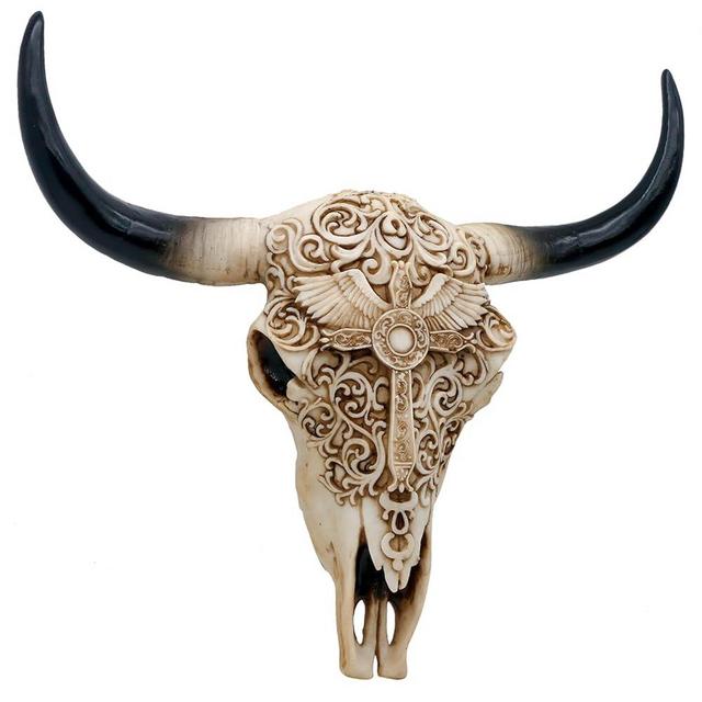Western Cow Skull Wall-Decor - 12.2”Long Realistic Animal Head Wall Hanging Art Boho Cross Steer Bison Buffalo Bull Cow Horned Skull Home Wall Decor