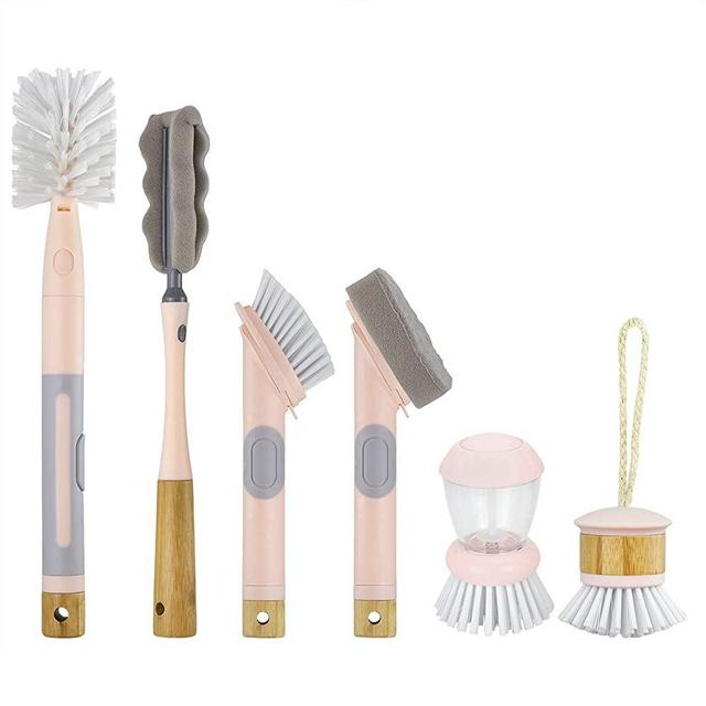 Cook with Color 6 Pc Kitchen Dish Brush Set, Scrub Brush for Dishes, Scrub Brush with Soap Dispenser, Palm Brush, Bottle Brush (Pink)