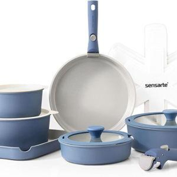 SENSARTE 17 Piece Pots and Pans Set (Navy), Nonstick Detachable Handle Cookware Set, Induction Kitchen Cookware Set with, Healthy Non Stick for RV, Dishwasher ＆ Oven Safe