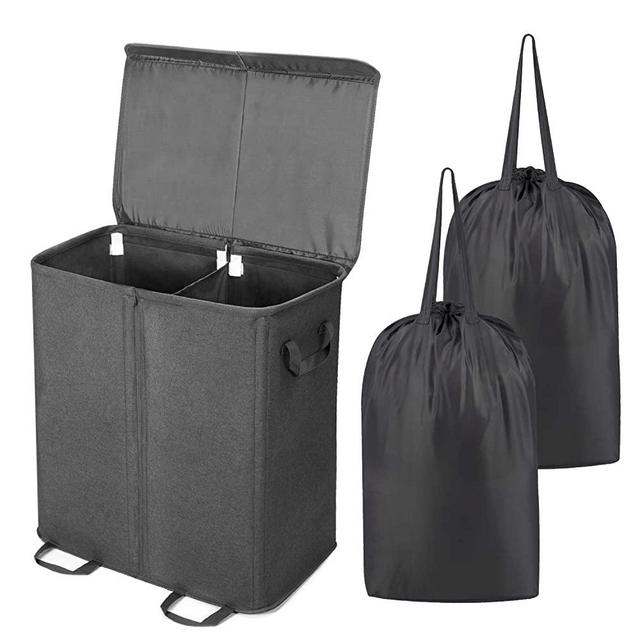 Lifewit Double Laundry Hamper with Lid and Removable Laundry Bags, Large Collapsible 2 Dividers Dirty Clothes Basket with Handles for Bedroom, Laundry Room, Closet, Bathroom, College, Black