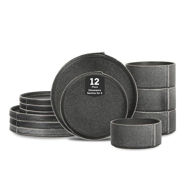 Stone Lain Bao 12-Piece Dinnerware Set Stoneware, Charcoal