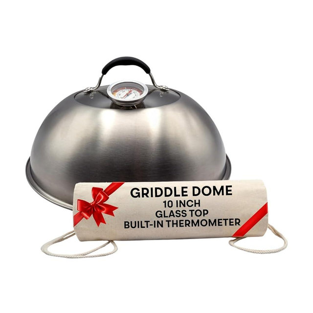 Family Counter Basting Cover for Griddle with Thermometer and Glass Top, 10-Inch Stainless Steel Melting Dome for BBQ, Grilling Accessories, Grilling Gifts for Men, Blackstone Griddle Accessories