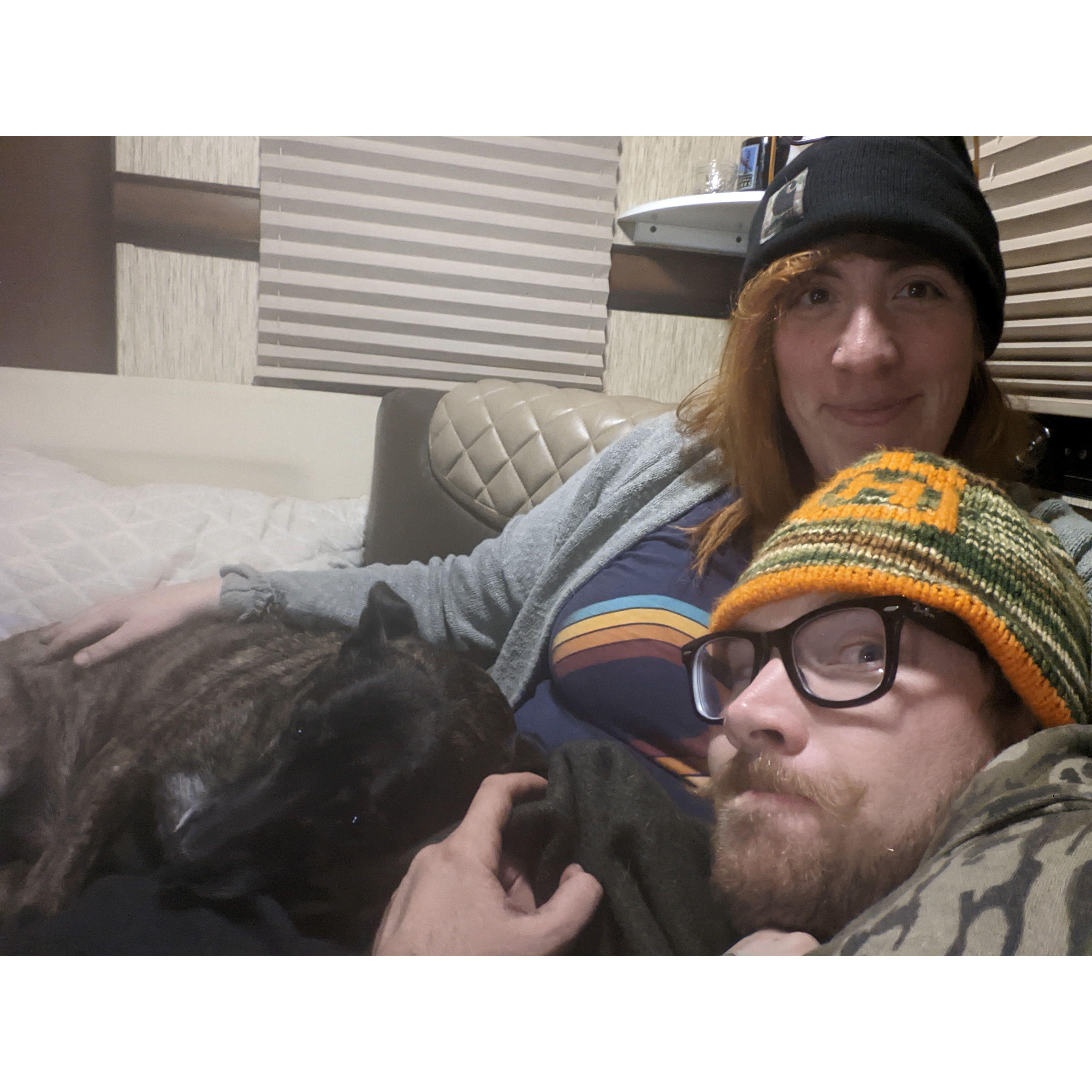 Cozy in Francis's new trailer.