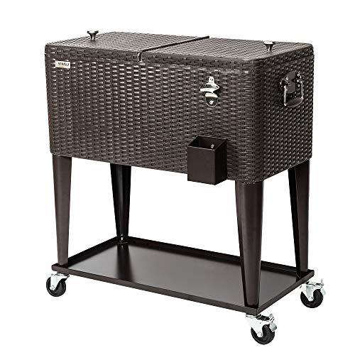 VINGLI 80 Quart Rolling Ice Chest on Wheels, Portable Patio Party Bar Drink Cooler Cart, with Shelf, Beverage Pool with Bottle Opener,Water Pipe and Cover (Rattan)