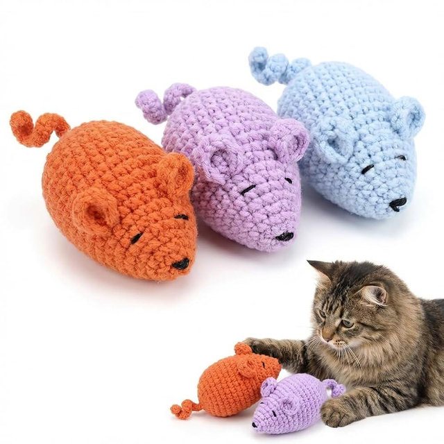 FILWY Crochet Catnip Mice Cat Toys, 3 Pcs Handmade Durable Yarn Mouse Toys with Catnip & Silvervine, Interactive Kitten Chew Kicker Toy for Indoor Cats, Teeth Cleaning, Exercise & Anxiety Relief