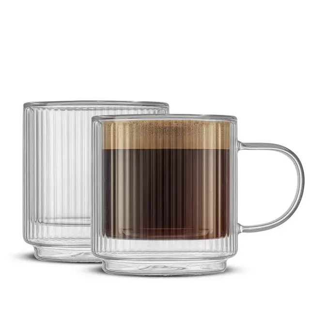 Haven Fluted Stackable Double Wall Glass Mugs - 13.5 oz - Set of 2