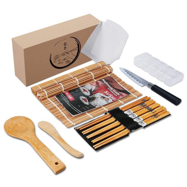 Delamu Sushi Making Kit, Bamboo Sushi Mats With Sushi Knife, Sushi Rolling Mat including 2 Bamboo Sushi Mats, 2 Temaki Rollers, 1 Rice Mold, 5 Chopsticks, 1 Rice Spreader, 1 Rice Paddle, 1 Guide Book