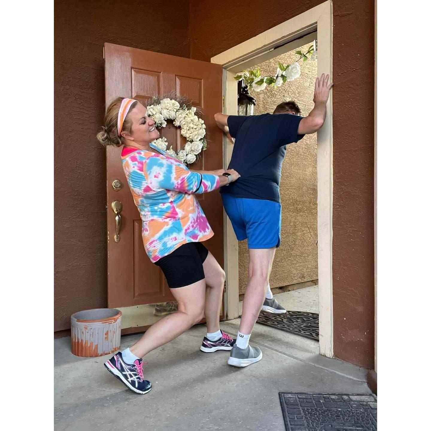 Dragging Jerry through the door, July, 2023