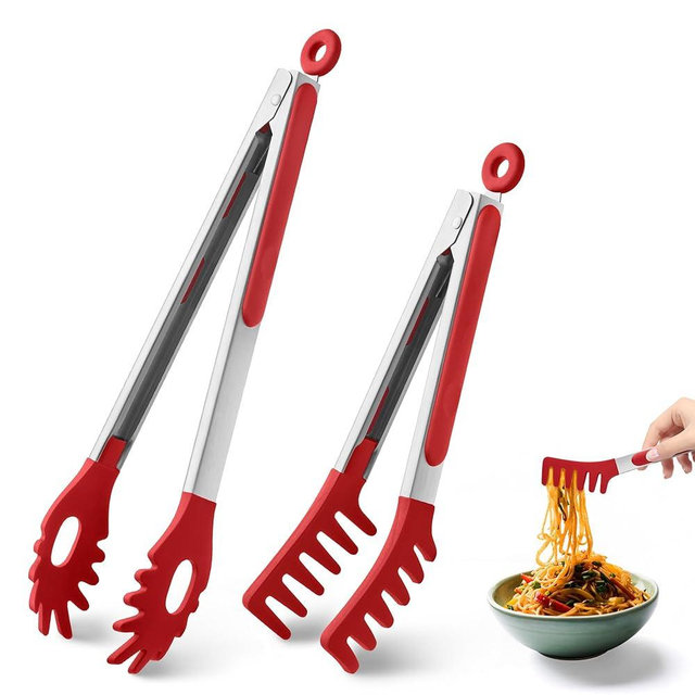 2 PCS Pasta Tong Spaghetti Tongs, 9-Inch & 12-Inch Heat Resistant Silicone Pasta Tongs Spaghetti Server With Teeth Silicone Tong for Serving Food, Cooking, Salad, Spaghetti Noodle, Non-stick (Red)
