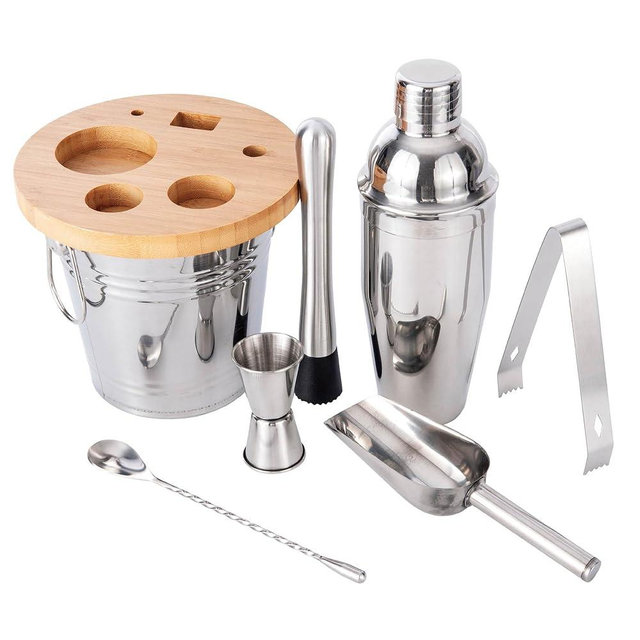 JNWINOG 8-Pcs Cocktail Shaker Set Bartender Kit | Bar Set Drink Mixer Set with Ice Bucket and All Bar Accessory Tools: Martini Shaker, Jigger, Strainer, Mixer Spoon, Muddler, Liquor Pourers |Silver