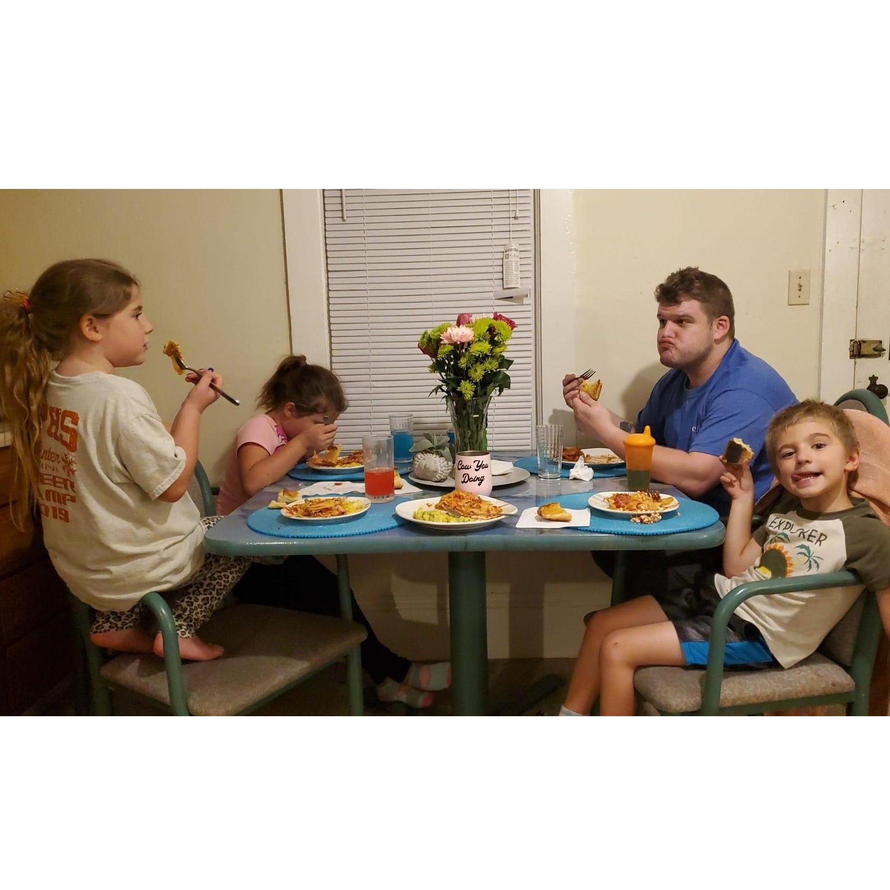 "lasagna night at our house means the nieces and nephew stuff their faces. They love spending time with their Aunt Buggy and Uncle Nick"