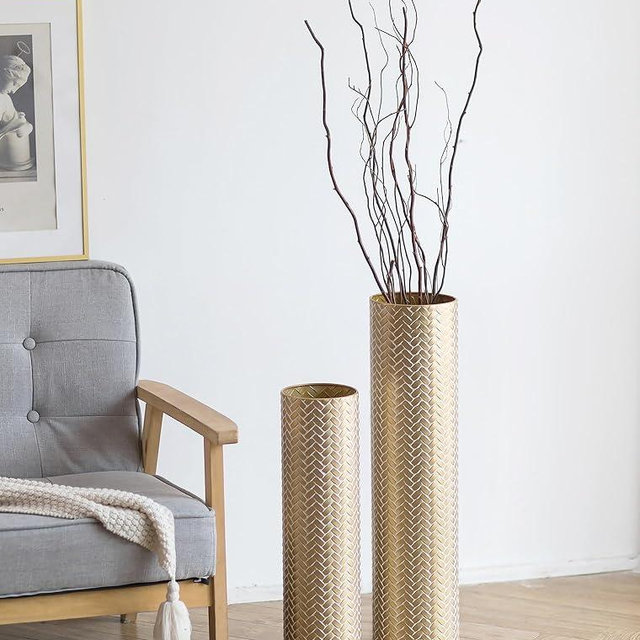Sziqiqi Tall Gold Floor Vase: Set of 2 Woven Texture Metal Cylinder Vases Extra Large Decorative Standing Vase - 27.6/21.7in Vintage Vases Home Decor for Living Room Bedroom Home Corner Indoor Office