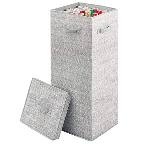 mDesign Soft Fabric Stripe Wrapping Paper Storage Box with Lid - Side Handles, Removable Lid, Stores Long Rolls of Gift Wrap - Taupe/Tan