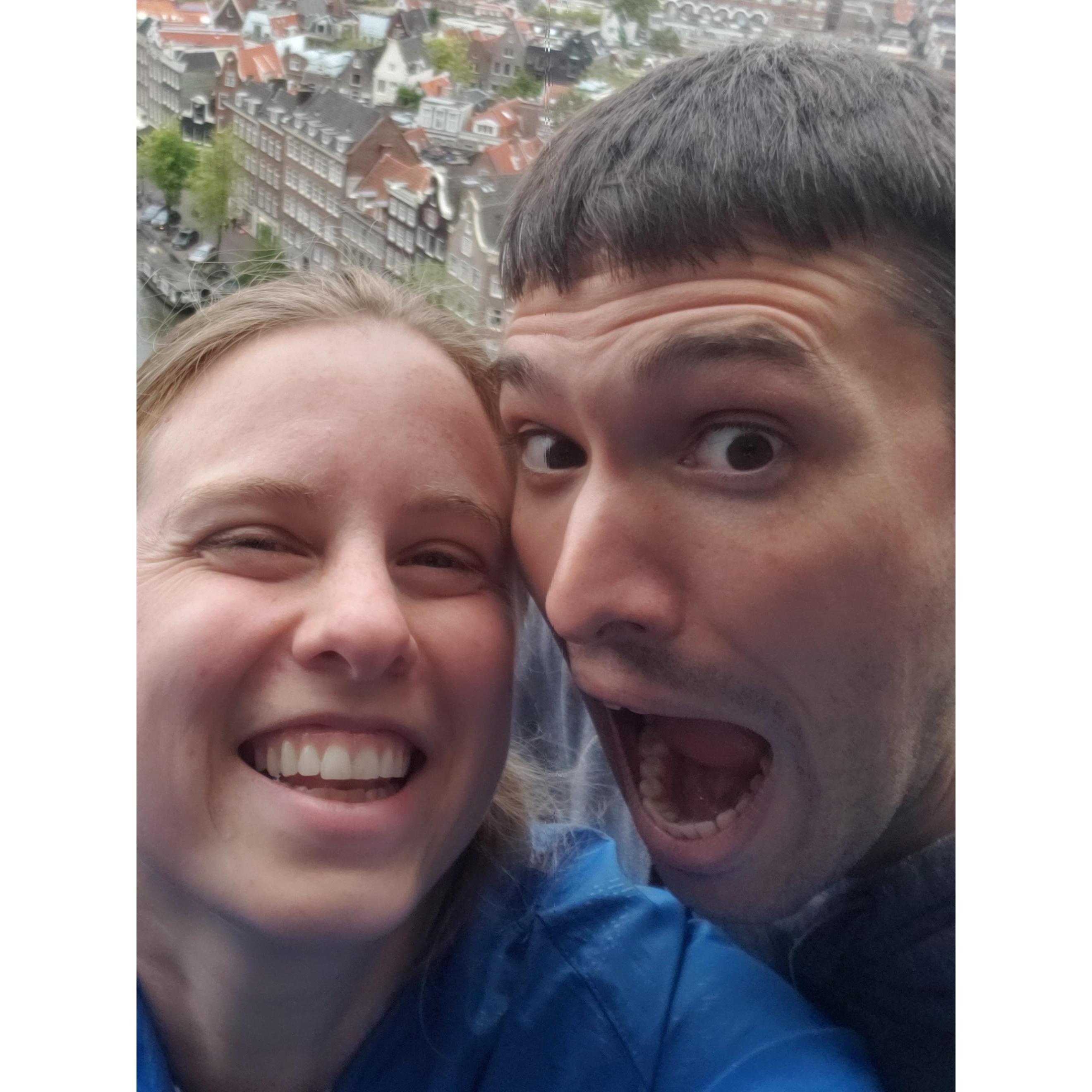 On top of the world on a church bell tower in Amsterdam