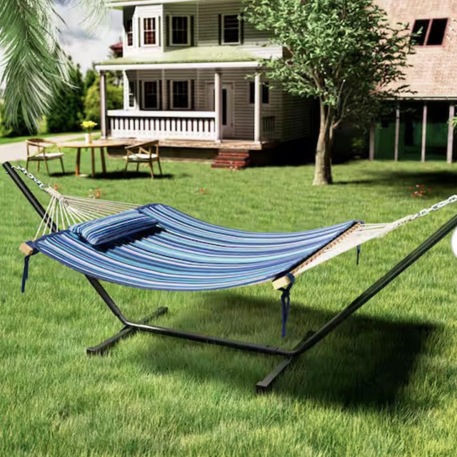 VEIKOUS 12 ft. Quilted 2-Person Hammock Bed with Stand and Detachable Pillow, Blue Stripes PG0203-01BU-5