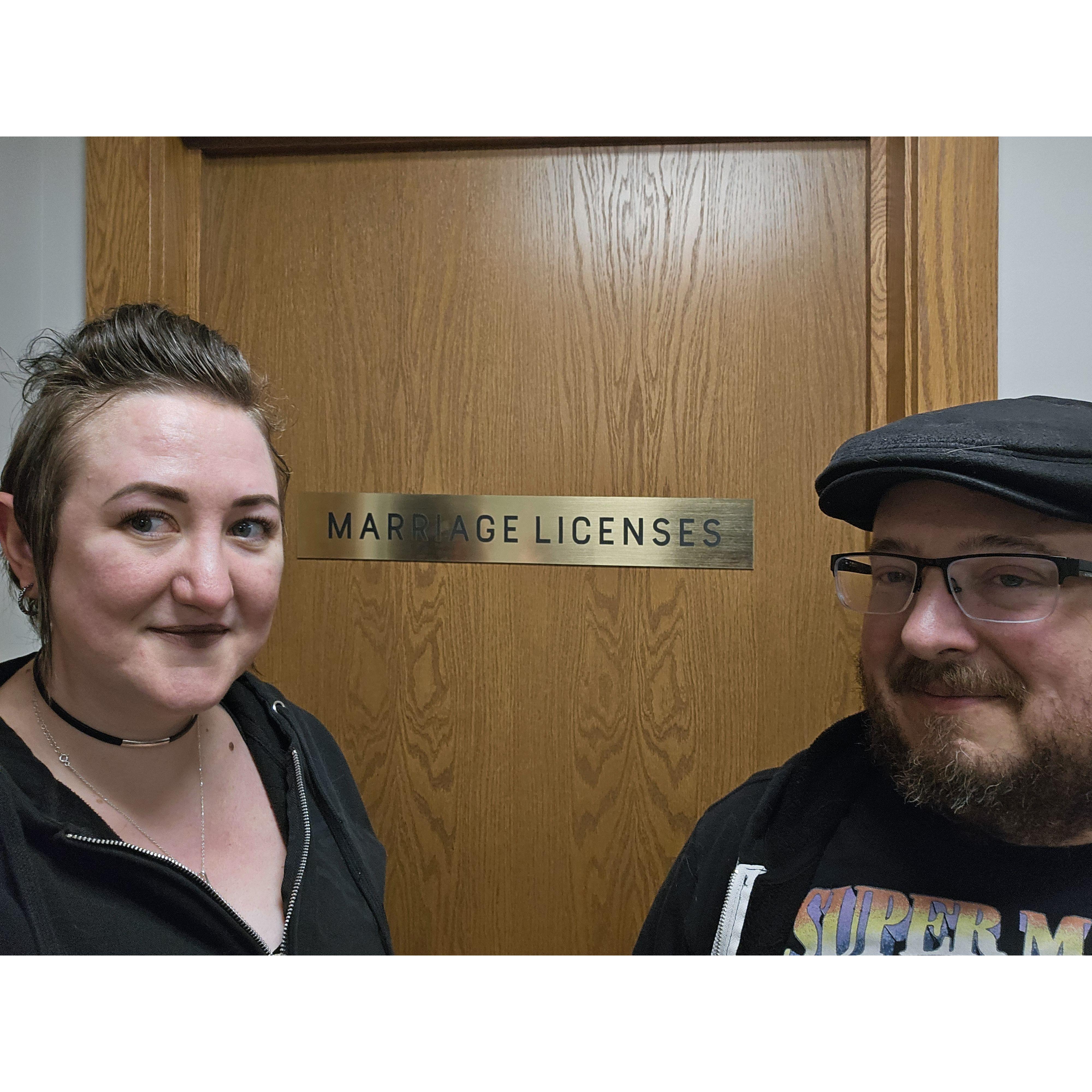 Very serious business! Birth certificates and licenses in hand - the couple took the first step to making things Official with the Winnebago County Clerk!