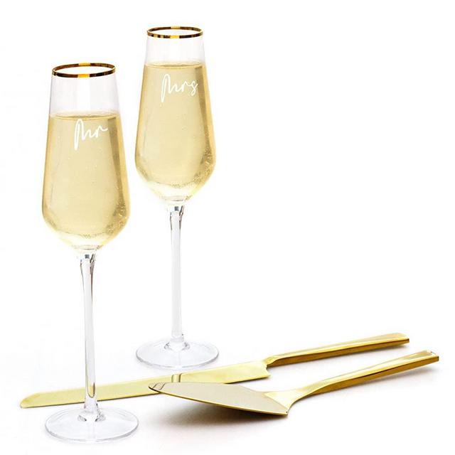 J&A Homes Gold Cake Knife and Server Set with Champagne Flutes — Perfect for a Wedding Reception or Anniversary Party — Includes Cursive Printed Bride and Groom Glasses for Toasting