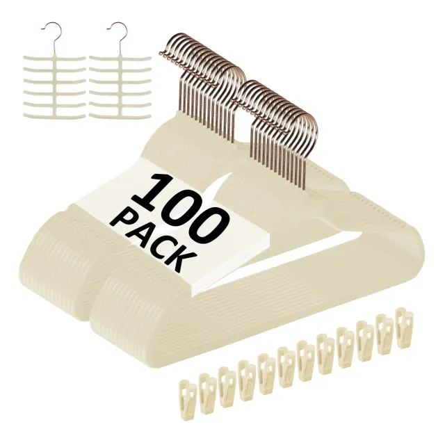 VECELO 100 pk Velvet Clothes Hangers Non Slip & Space-Saving Clothes Hangers with Finger Clips & Tie Rack 9 Color